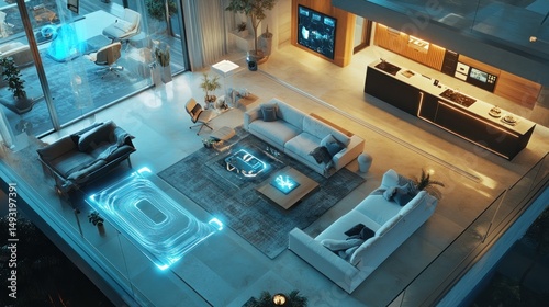 Modern, smart home interior at night.  Open-plan living area with sleek furniture and digital accents