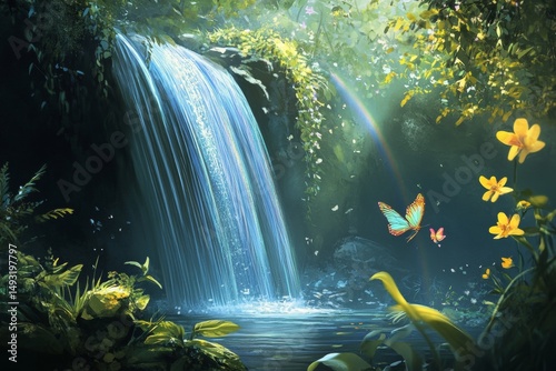Serene waterfall with a rainbow and lush surroundings.