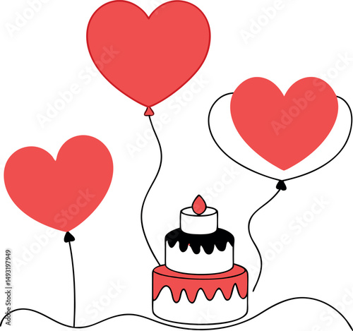 Heart-Shaped Balloon and Cake Line Drawing for Valentine’s Day Vector Art