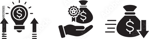 money symbol, money bag, hand holding money bag, dollar sign, arrows up, arrows down