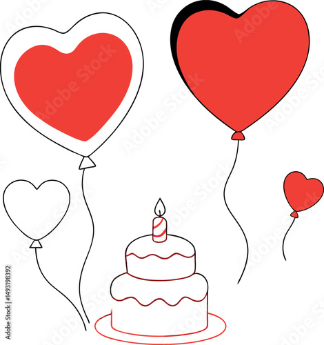 Heart-Shaped Balloon and Cake Line Drawing for Valentine’s Day Vector Art