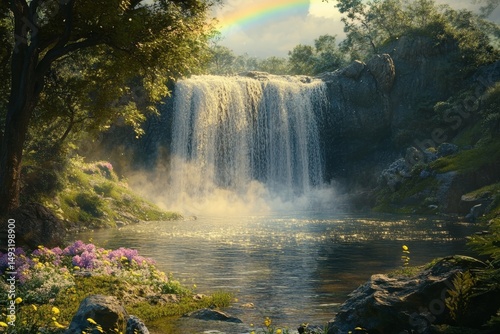 Serene waterfall with a rainbow and lush surroundings.