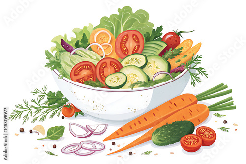 Wholesome Vegetable Salad Illustration white Background Ai generate. 