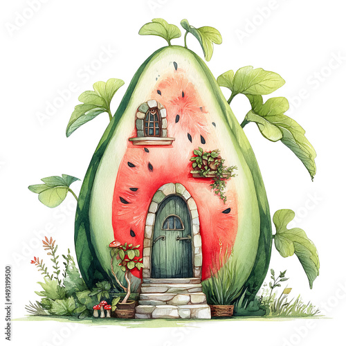 A whimsical watermelon house with artistic design elements. It invites viewers to embrace fantasy and creativity