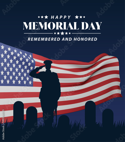 Memorial Day Tribute Vector – Saluting Soldier Silhouette with American Flag and Graves Illustration