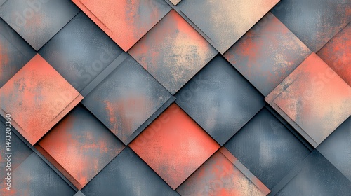 Abstract geometric pattern of overlapping squares in shades of coral and gray