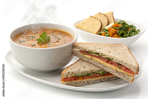 Wholesome Meal Soup And Sandwich white Background  Ai generate.