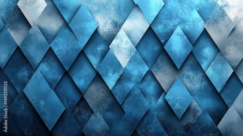 Abstract geometric pattern of overlapping squares and diamonds in shades of blue and white