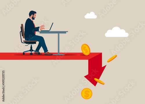Software engineer in technology collapse. Technology and financial instability and stock market crash. Coin falling from stack of unstable money. Vector illustration.