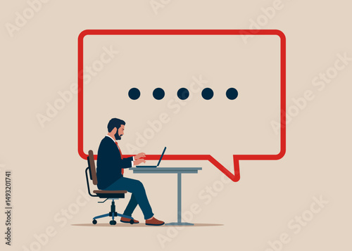 Software engineer  have lively discussion in internet. Productive dialogue or conversation between. Art corporate communication between coworkers, manager and team. Flat vector illustration