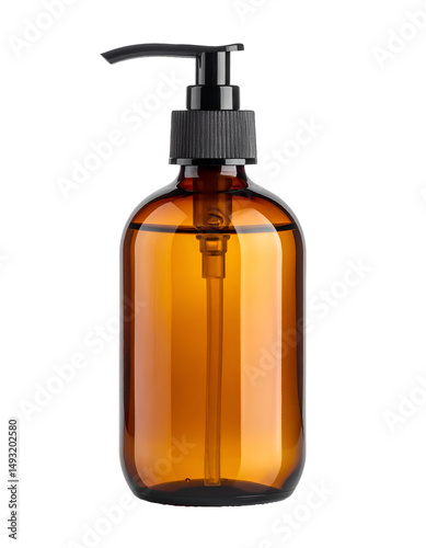 amber glass pump bottle for soap or lotion, realistic packaging mockup with black dispenser cap, isolated on white background
 photo