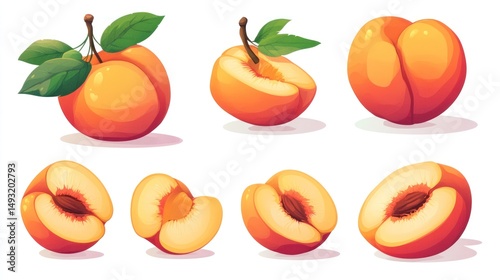 Collection of Juicy Peaches: Whole, Halved, and Sliced