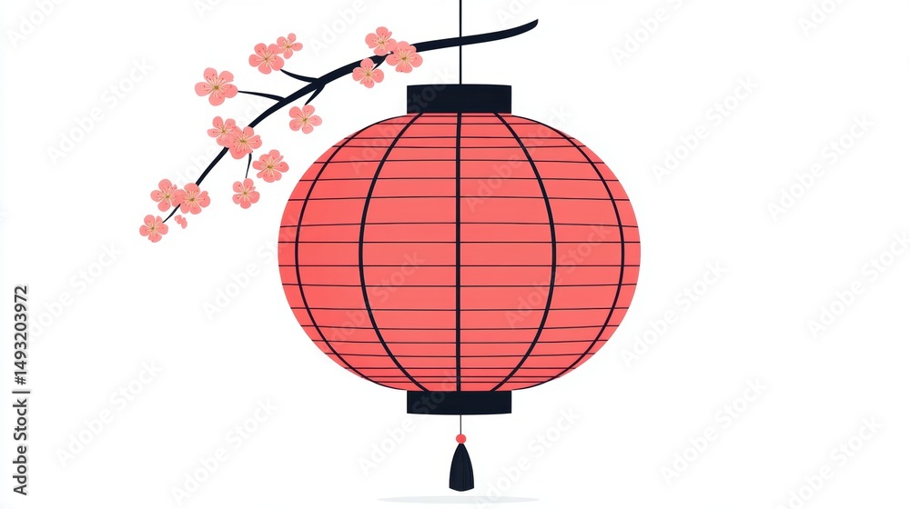 Obraz premium Elegant red lantern adorned with cherry blossoms, perfect for decorative themes, events, or cultural projects, Ideal for invitations, posters, and seasonal promotions,