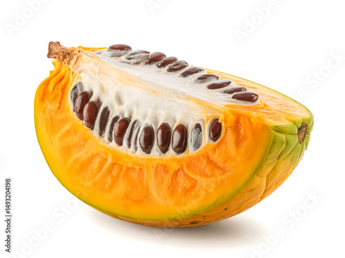 A fresh Mabolo fruit sliced orange fuzzy skin and soft creamy flesh isolated on white background photo