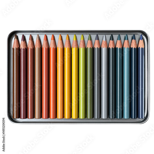 A set of 18 colored pencils, each featuring a different color. The pencils are arranged in a metallic tin with a top down view. The colors are vibrant and colorful. The pencils are sharpened.
