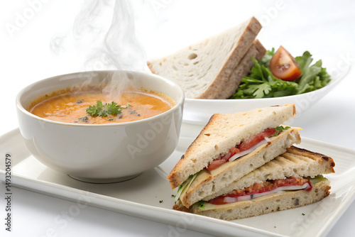 Wholesome Meal Soup And Sandwich white Background  Ai generate.