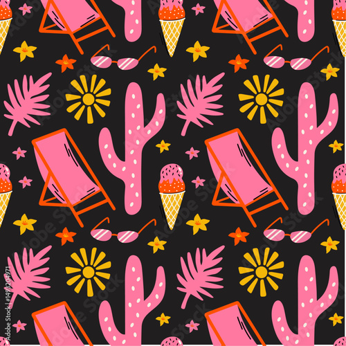 Tropical aesthetic, summer vacation vibes, holiday themed seamless vector pattern with  cute groovy funky cartoon illustration of sea beach objects, cactus, exotic plants, ice cream