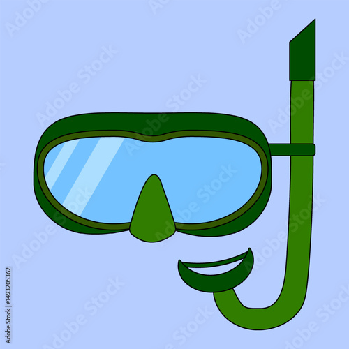 Illustration of green snorkel and diving mask on blue background. Snorkeling gear vector for summer and underwater activities. For summertime, maritime, undersea, water activity, and sports design.