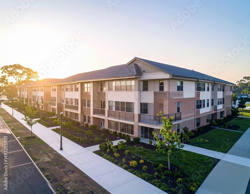 Modern multi unit residential building surrounded by lush landscaping at sunset