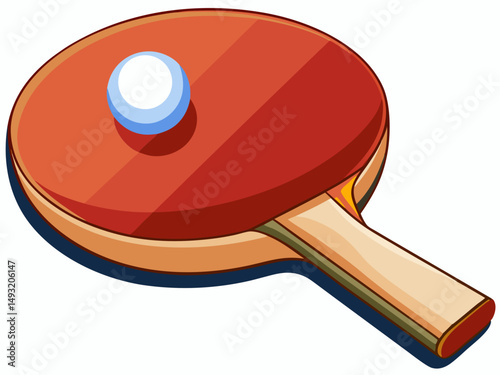 A flat vector of a classic table tennis paddle with a white ball. White background, simple ping pong setup