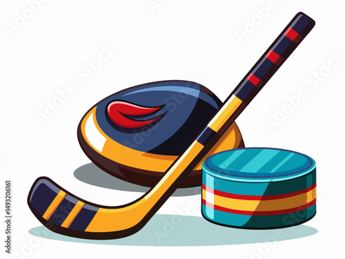 A flat vector of an ice hockey stick and black puck. White background, winter sports gear concept