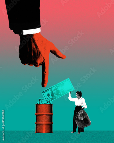 Fényképezés Woman placing hundred dollar bills into oil barrel under pressure of giant hand