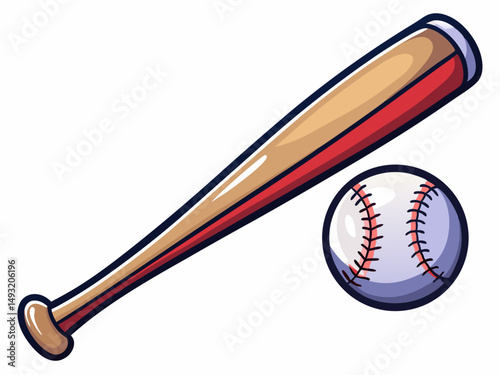 A baseball bat with a white baseball flying next to it. White background, American sport tool concept