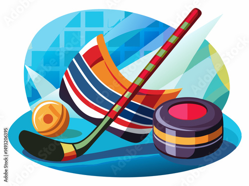 A flat vector of an ice hockey stick and black puck. White background, winter sports gear concept
