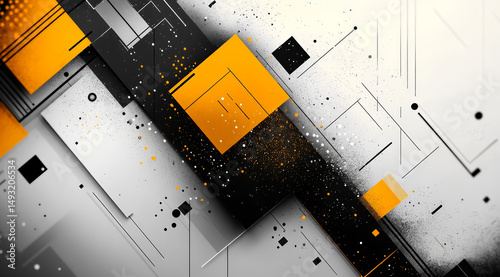 Abstract geometric design with vibrant orange squares and black lines on a gray background