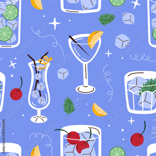 Seamless pattern with hand drawn cocktails, cherry, lemon and ice cubes. Pastel blue cocktail pattern with refreshing drinks. Vector summer background with trendy fresh drinks in different glasses.
