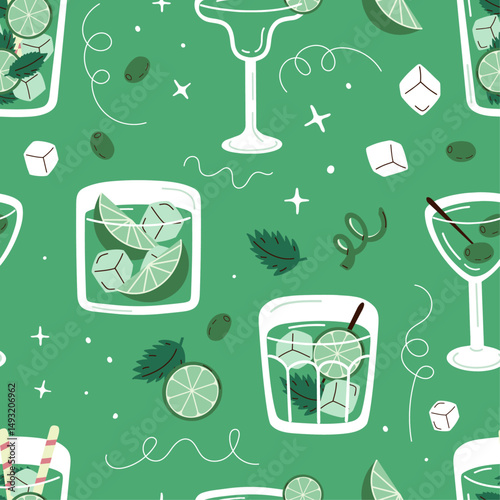 Seamless pattern with cartoon cocktails, lime and mint. Green whimsical cocktail pattern with trendy drinks. Vector summer background with mojito, margarita and martini.