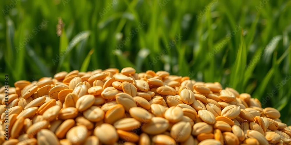 Obraz premium Close-up of pumpkin seeds subtly transitioning into a vibrant green field, nutrition, plant