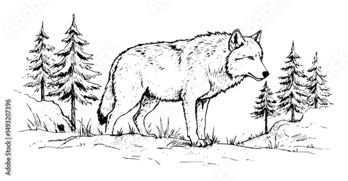 wolf walking through forest in monochrome outline style