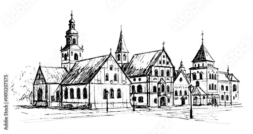 roman catholic cathedral in hand drawn outline sketch style