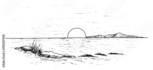 sunset seascape with island and shoreline in outline style