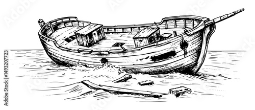 old wooden shipwreck floating on sea surface in sketch style