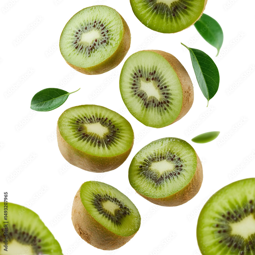 Fototapeta premium Fresh kiwi slices falling with green leaves isolated on white background