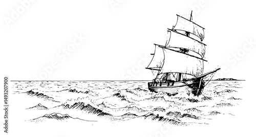 sailing ship on open sea waves in vintage sketch style