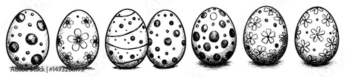 set of decorated easter eggs in monochrome outline sketch