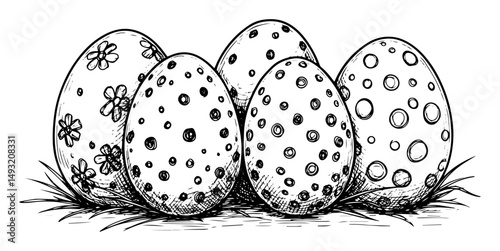 easter eggs with decorative patterns in black and white sketch