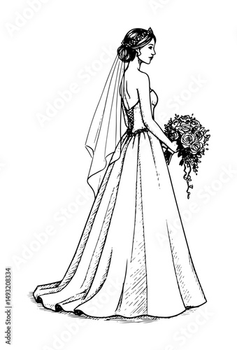 bride in wedding dress holding bouquet in outline sketch style