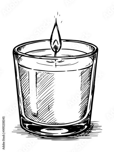 lit candle in glass holder in hand drawn monochrome style