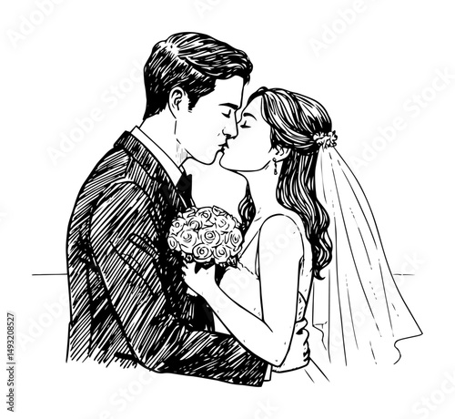 bride and groom kissing in romantic wedding sketch