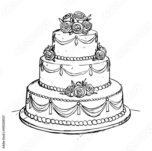 wedding cake with floral decoration in hand drawn sketch style