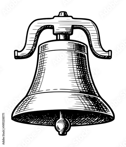 vintage bell outline with engraving and hatching sketch