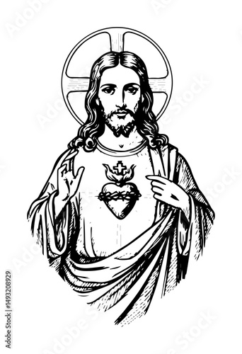 jesus sacred heart drawing in religious engraving style