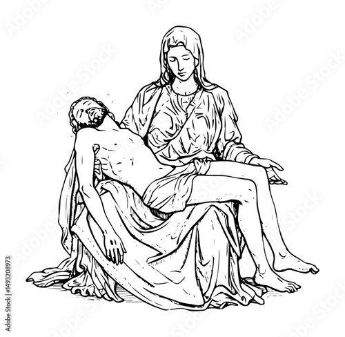 pieta mary holding jesus in religious sketch style
