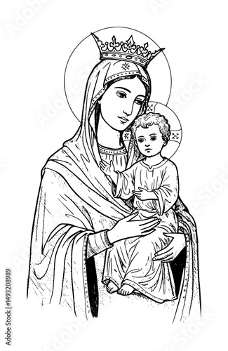 madonna with child in religious sketch engraving style