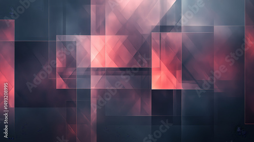Abstract geometric design with overlapping squares and triangles in shades of red, gray, and dark tones
