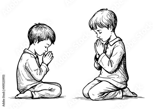praying boy in outline vector sketch engraving style
